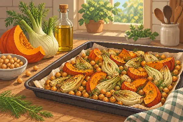 An appetizingly arranged baking sheet with roasted pumpkin, fennel, and chickpeas in a calm kitchen scene with soft daylight.