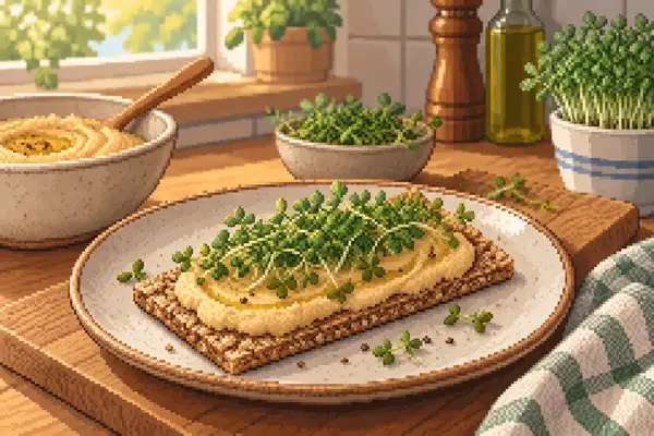 Appetitlich angerichtetes Knäckebrot, bestrichen mit Hummus und bestreut mit frischer Kresse, in einer ruhigen Küchenszene im weichen Tageslicht.