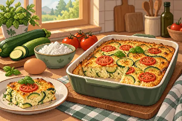 Appetizingly served zucchini and cottage cheese casserole with zucchini, tomatoes, and egg in a calm kitchen scene in soft daylight.