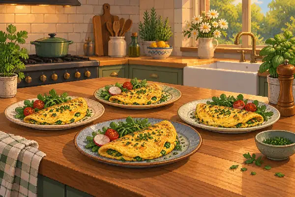 Four nicely arranged plates with fresh herb omelettes in an atmospherically lit kitchen.