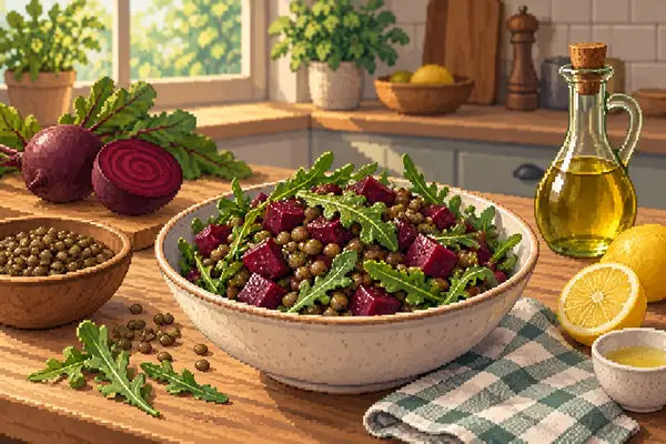 An appetizingly plated salad with lentils, beetroot, and arugula in a calm kitchen setting with soft daylight.