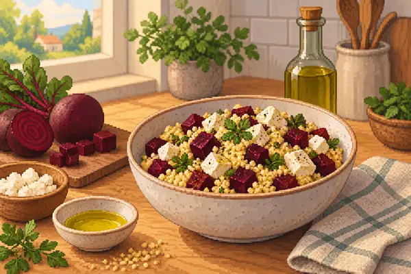 Eine appetitlich angerichtete Schale mit Hirse, Roter Bete und Feta, verfeinert mit Olivenöl, in einer ruhigen Küchenszene im weichen Tageslicht.