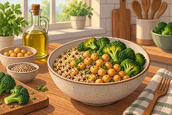 Eine appetitlich angerichtete Schale mit Quinoa, Kichererbsen und Brokkoli, beträufelt mit Olivenöl, in einer ruhigen Küchenszene bei weichem Tageslicht.
