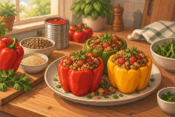 Appetitlich angerichtete Paprika mit einer Füllung aus Quinoa und Linsen in einer ruhigen Küchenszene mit weichem Tageslicht.