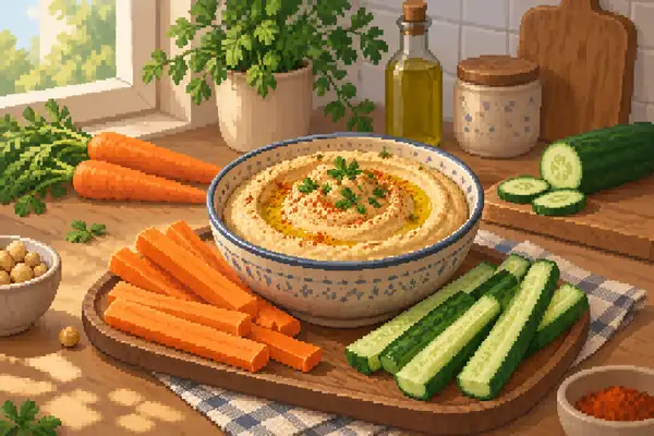 Appetitlich angerichteter Hummus mit Karotte und Gurke in einer ruhigen Küchenszene bei weichem Tageslicht.