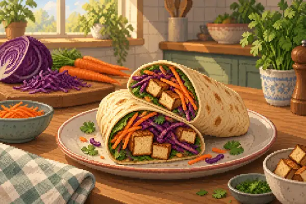 An appetizingly arranged wrap filled with smoked tofu, red cabbage, and carrot, set in a calm kitchen scene with soft daylight.