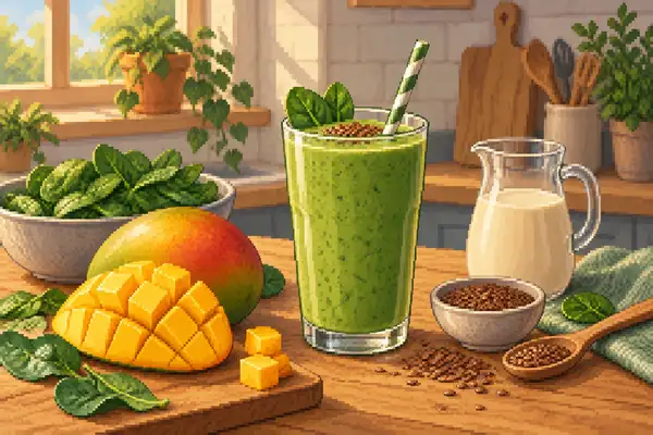 An appetizingly served mango spinach smoothie in a calm kitchen scene with soft daylight, prepared with mango, spinach, oat milk, and flax seeds.