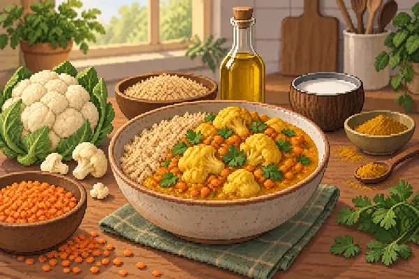 An appetizingly served red lentil and cauliflower curry with brown rice in a calm kitchen setting with soft daylight.