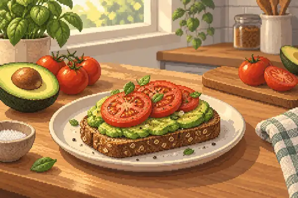 Appetitlich angerichteter Vollkornbrot-Toast, belegt mit Avocado und Tomate, in einer ruhigen Küche bei weichem Tageslicht.