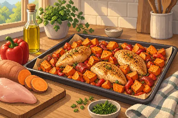 Ein appetitlich angerichtetes Ofenblech mit Hähnchenbrust, Süßkartoffeln und Paprika im weichen Tageslicht einer Küche.