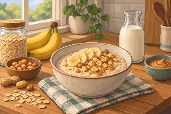 Appetizingly served banana peanut porridge made with oats, milk, banana, and peanuts in a bowl under soft daylight.