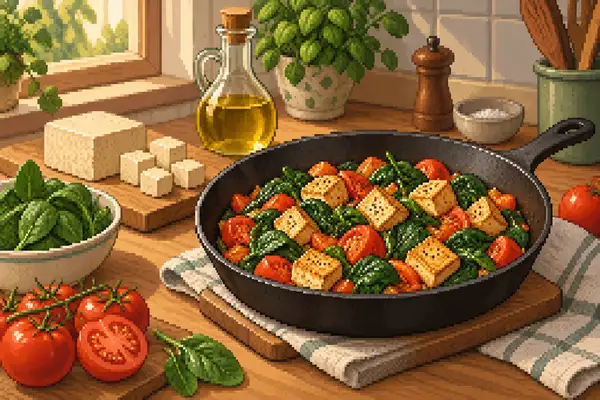 Appetizingly arranged tofu and spinach breakfast pan with tofu, spinach, and tomatoes, illuminated by soft daylight in a calm kitchen.