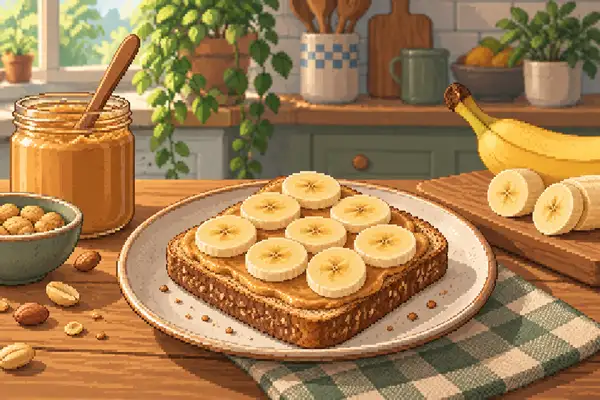 Appetizing peanut butter banana toast made with whole grain bread, spread with peanut butter and topped with banana, set in a calm kitchen scene with soft daylight.