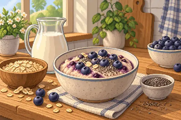 Appetitlich angerichteter Heidelbeer-Chia-Porridge mit Haferflocken, Milch, Heidelbeeren und Chiasamen in einer ruhigen Küchenszene mit weichem Tageslicht.