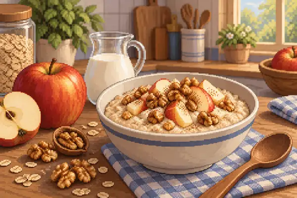 Eine Schale mit servierfertigem Apfel-Walnuss-Porridge, garniert mit Apfelstücken und Walnüssen, in einer ruhigen Küche bei sanftem Tageslicht.