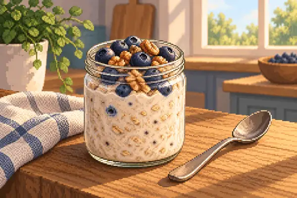 Ein Glas cremiger Overnight-Oats mit Heidelbeeren und Walnüssen auf einem Holztisch im Morgenlicht.