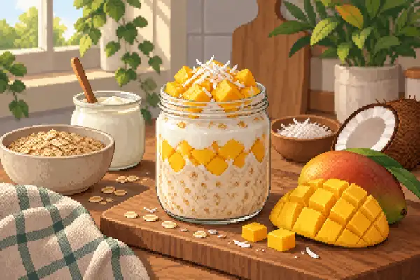Appetitlich angerichtete Mango-Kokos-Overnight-Oats mit Haferflocken, Joghurt, Mango und Kokosflocken in einer ruhigen Küchenszene mit weichem Tageslicht.