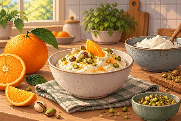 Appetitlich angerichteter Magerquark mit Orangen und Pistazien in einer ruhigen Küchenszene bei weichem Tageslicht.