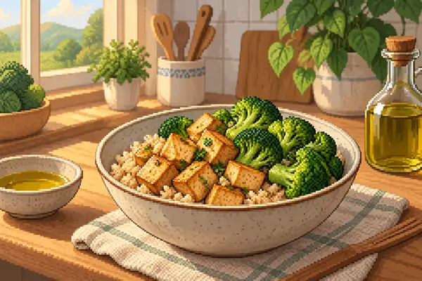 Eine Schale mit Naturreis, Tofu und Brokkoli, appetitlich angerichtet in weichem Tageslicht in einer ruhigen Küchenszene.
