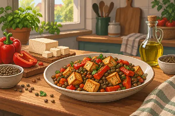 Appetitlich angerichteter Tofu mit Linsen und Paprika in einer ruhigen Küchenszene bei weichem Tageslicht, verfeinert mit Olivenöl.