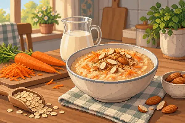 Appetitlich angerichteter Karotten-Mandel-Porridge mit Haferflocken, Karottenstiften und Mandeln in einer ruhigen Küchenszene bei weichem Tageslicht.