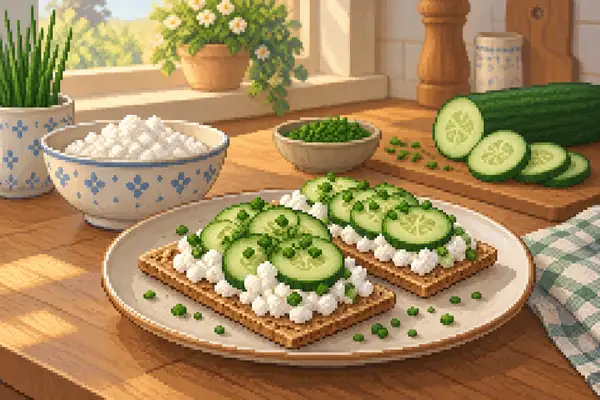 Appetitlich angerichtetes Knäckebrot, belegt mit Hüttenkäse, Gurkenscheiben und Schnittlauch in weichem Tageslicht.