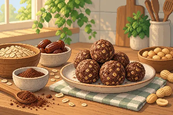 Appetitlich angerichtete Kakao-Erdnuss-Haferkugeln in einer ruhigen Küchenszene im weichen Tageslicht, zusammen mit Haferflocken, Datteln, Erdnüssen und Kakaopulver.