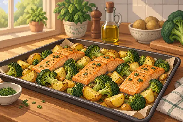 Appetitlich angerichtetes Blechgericht mit Lachs, Brokkoli und Kartoffeln in einer ruhigen Küchenszene mit weichem Tageslicht.