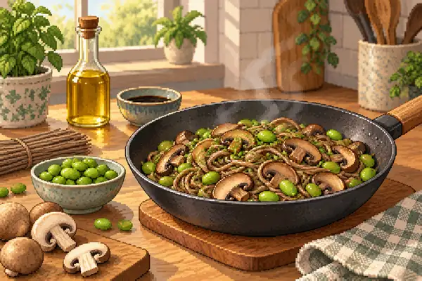 Appetizingly served edamame and mushroom stir-fry with soba noodles, button mushrooms, and green edamame in soy sauce, illuminated by soft daylight in a calm kitchen setting.