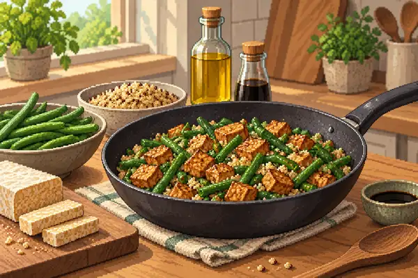 Appetitlich angerichtete Tempeh-Bohnen-Pfanne mit Quinoa in einer ruhigen Küchenszene im weichen Tageslicht.
