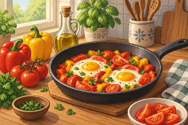 Appetizingly arranged egg and bell pepper breakfast skillet with tomatoes in a quiet kitchen setting under soft daylight.
