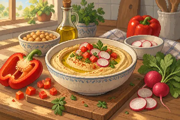 Appetitlich angerichteter Paprika-Radieschen-Hummus, garniert mit Paprika und Radieschen, in einer ruhigen Küchenszene mit weichem Tageslicht.