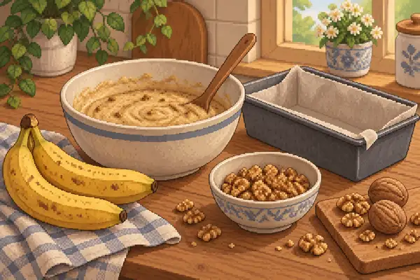 A bowl with batter and walnuts next to ripe bananas, walnuts, and a prepared loaf pan.