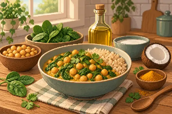 Appetitlich angerichtetes Kichererbsen-Spinat-Curry mit Naturreis in einer ruhigen Küchenszene im weichen Tageslicht.