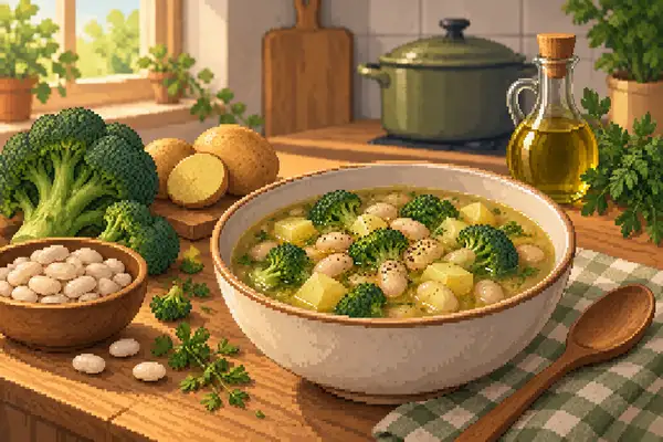 Appetizingly arranged broccoli, potato, and bean soup with broccoli and cannellini beans, drizzled with olive oil, in a calm kitchen scene with soft daylight.