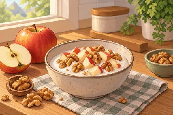 Appetizingly served yogurt with apple pieces and walnuts in a quiet kitchen scene in soft daylight.