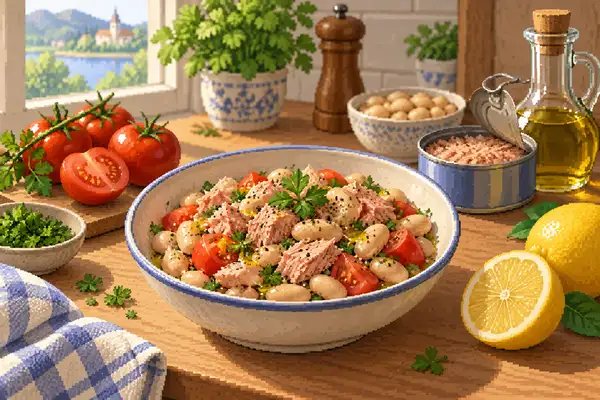 Appetizingly arranged tuna and bean salad with white beans, tuna, and tomatoes in soft daylight within a calm kitchen setting.