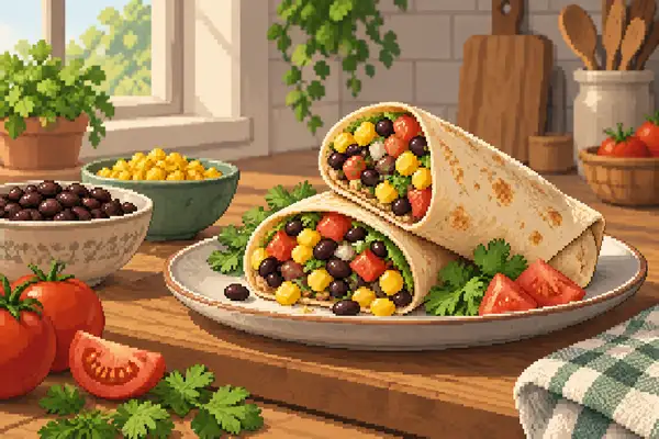 Ein appetitlich angerichteter Wrap, gefüllt mit schwarzen Bohnen, Mais und Tomaten, in einer ruhigen Küchenszene im weichen Tageslicht.
