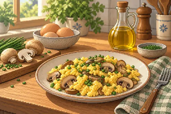 Appetizingly served mushroom-herb scrambled eggs with button mushrooms and fresh chives in a calm kitchen scene in soft daylight.