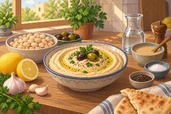 Appetitlich angerichteter Dip aus weißen Bohnen mit Oliven in einer ruhigen Küche bei weichem Tageslicht.