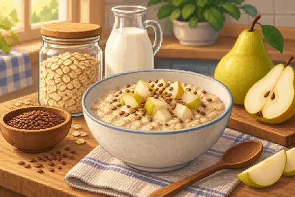 Appetitlich angerichteter Birnen-Leinsamen-Porridge aus Haferflocken und Milch, verfeinert mit Birnenstücken und Leinsamen in einer ruhigen Küchenszene bei weichem Tageslicht.