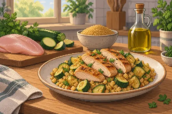Appetizingly arranged turkey breast with bulgur and zucchini on a plate in soft kitchen daylight.