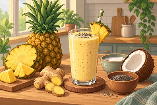 An appetizingly served pineapple-ginger smoothie in a quiet kitchen setting with soft daylight, arranged with pineapple, ginger, coconut milk, and chia seeds.