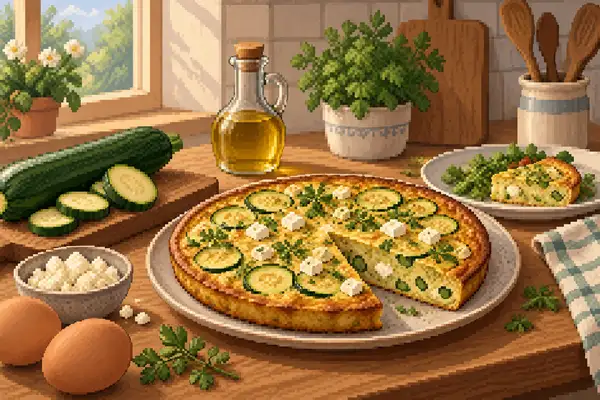 Appetizingly arranged zucchini-feta frittata with egg, zucchini, and feta in a calm kitchen setting with soft daylight.
