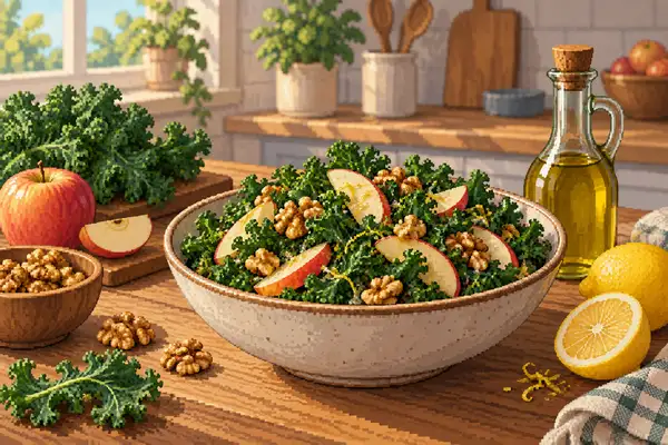 Appetitlich angerichteter Grünkohl-Salat mit Apfelstücken und Walnüssen in einer ruhigen Küche bei weichem Tageslicht.