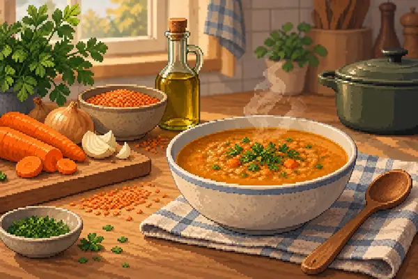 Linsen-Karotten-Suppe, ansprechend serviert in einer ruhigen Küchenszene bei weichem Tageslicht.