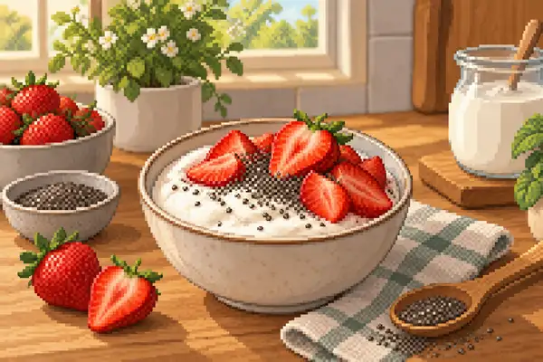 Appetizingly served berry chia skyr topped with strawberries and chia seeds in a quiet kitchen scene in soft daylight.
