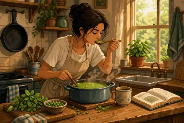 Eine Frau bereitet in einer Küche grüne Erbsensuppe zu.