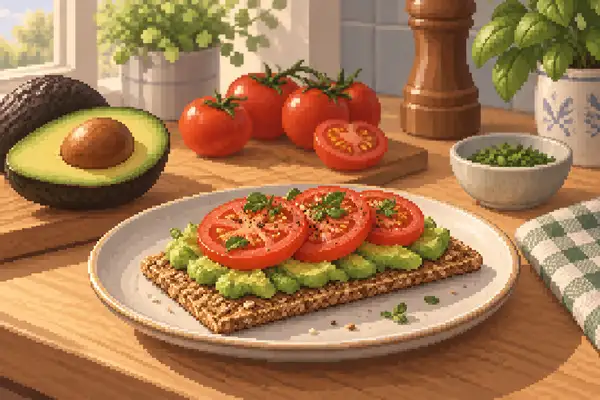 Appetitlich angerichtetes Knäckebrot, belegt mit Avocado und Tomate, in einer ruhigen Küchenszene im weichen Tageslicht.