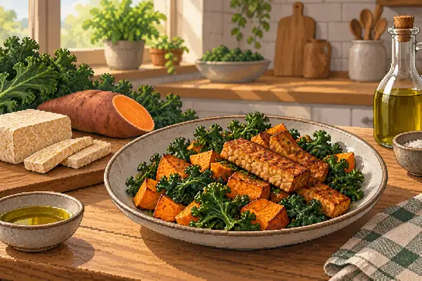 Appetitlich angerichteter Tempeh mit Süßkartoffeln und Grünkohl in einer ruhigen Küchenszene bei weichem Tageslicht.